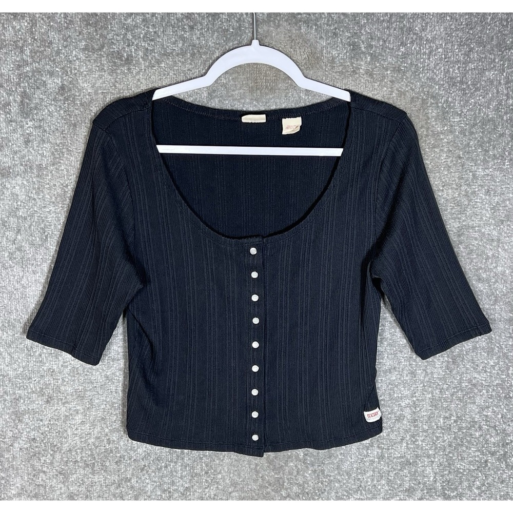 Levis Pointelle Top Womens Size Large Black Pearl Snap Scoop Neck Whimsigoth
